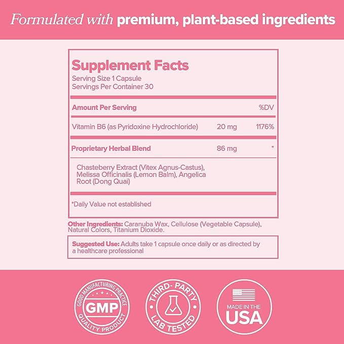 FLO PMS Vitamins for Women, 30 Servings (Pack of 1) - Proactive PMS Relief - Targets Hormonal Breakouts, Bloating, Cramps, & Mood Swings with Chasteberry, Vitamin B6, & Lemon Balm