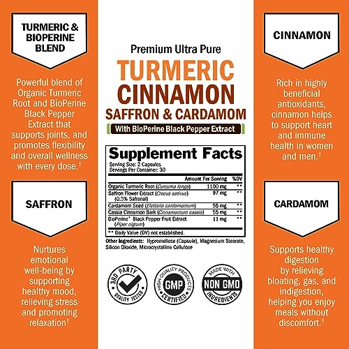 Turmeric Cinnamon Supplement with Saffron and Cardamom Plus BioPerine Black Pepper Extract for Max Absorption - Natural Tumeric Curcumin Joint Support Supplement for Women and Men - 60 Capsules