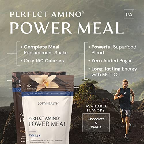 BodyHealth PerfectAmino Power Meal (Natural Vanilla Flavor) Vegan Meal Replacement Shake, Non Dairy Protein Powder, Plant Based Meal Replacement, Organic Meal Replacement, 15 Packets and 12.5g Protein, MCT Oil