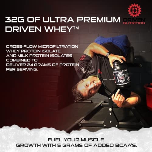 Driven WHEY- Grass Fed Whey Protein Powder: Delicious, Clean Protein Shake- Improve Muscle Recovery with 23 Grams of Protein with Added BCAA and Digestive Enzymes (Strawberry Milkshake, 5lb)