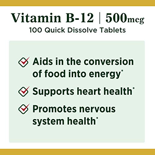 Nature's Bounty Vitamin B12, Supports Energy Metabolism and Nervous System Health, 500mcg, 100 Quick Dissolve Tablets