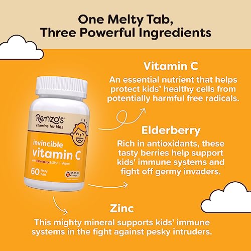 Renzo's Kids Vitamin C with Elderberry & Zinc for Immune Support, Vegan Vitamin C for Kids, Zero Sugar, Non-GMO, Oh-Oh-Oh Orange Flavor, Easy to Take Chewable Vitamin C Tablets, [60 Melty Tabs]