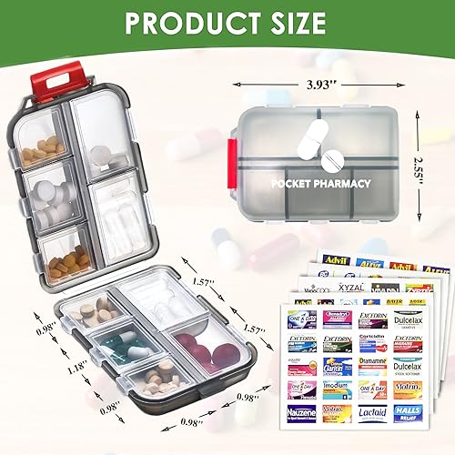 4Packs Pocket Pharmacy™ with Brand Labels, Portable Travel Med Wallet, Pocket Pill Box Dispenser Suitable for Storing Fish Oil Vitamin Medication, Etc.