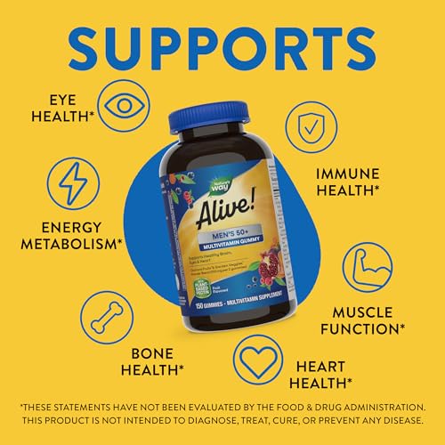 Nature’s Way Alive! Men’s 50+ Daily Gummy Multivitamins, Supports Healthy Brain, Eyes, Heart*, B-Vitamins, Gluten-Free, Vegetarian, Fruit Flavored, 150 Gummies (Packaging May Vary)