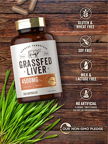 Grass Fed Beef Liver Capsules 4500mg | 250 Count | Desiccated Supplement | Non-GMO, Gluten Free | by Herbage Farmstead