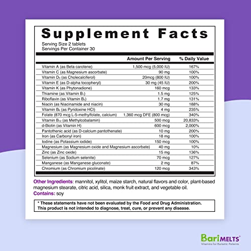 BariMelts Multivitamin with Iron - Fast Melting Bariatric for Post Gastric Bypass and Sleeve Gastrectomy Surgery Patients, Vitamins 60 Tablets