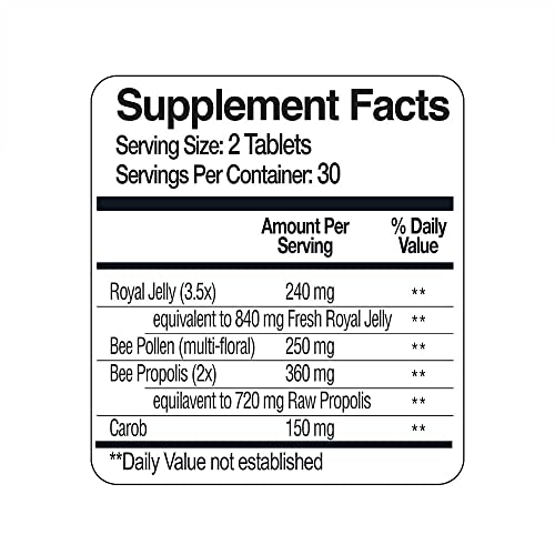 BEE & YOU Royal Jelly Bee Pollen Propolis Dietary Supplement, Carob, Count of 60 Tablets