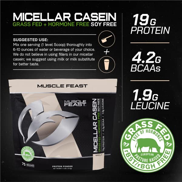 Muscle Feast 100% Micellar Casein Protein | All Natural, Pasture Raised, Hormone Free, Soy Free Slow Absorbing Pure European Micellar Casein | 19g Protein, 88 Calories | Vanilla 4lb | 75 Servings