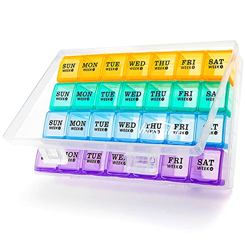 XL Large Monthly Pill Organizer 4 Weeks, 28 Day Pill Organizer Weekly, Big Compartment with Travel Case, 7 Day Pill Dispenser 4 Times a Day, Medicine Organizer Box for Vitamin, Fish Oil