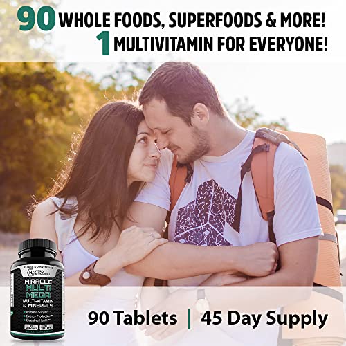 MiracleMulti MEGA Multivitamin for Men and Women - Multi Vitamin and Multi Minerals with Probiotics, Enzymes, Mushroom Complex, Anti-Oxidants, Organic Superfood Blend, Non-GMO - 90 Tablets