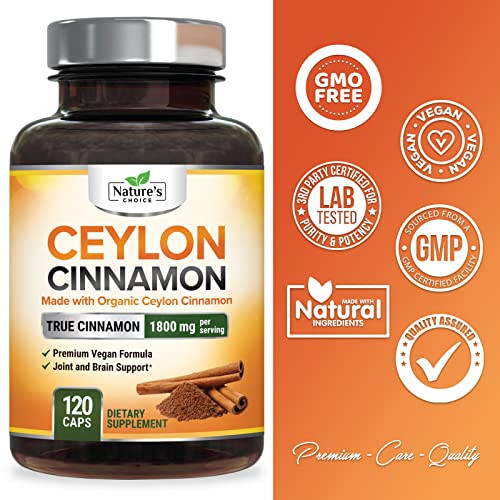 Pure Cinnamon Capsules - Certified Organic Ceylon Cinnamon Pills, Non-GMO, Gluten-Free, Dairy-Free, Sri Lanka Cinnamon Powder Supplement, Best Vegan True Cinnamomum Vitamins, Sugar Free - 120 Capsules