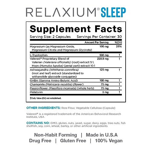 Relaxium Sleep Aid, 14 Servings, Non-Habit Forming, Sleep Supplement for Longer Sleep & Stress Relief, Drug-Free, with Magnesium, Melatonin, GABA, Chamomile, & Valerian (28 Vegan Capsules)