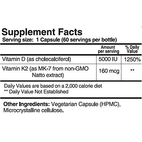 Body Manual Vitamin D3 (5,000 IU) + K2 (as MK-7 160 mcg) | GMO, Gluten & Dairy Free | Supports Immune and Cardiovascular Health, Brain Function, Bones, and Teeth | Easy to Swallow Capsules (60)