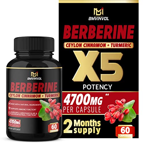 BMVINVOL Berberine Supplement 4700mg for Cardiovascular Health - High Potency with Ceylon Cinnamon, Turmeric - Supports Immune System - Berberine HCl Supplement Pills