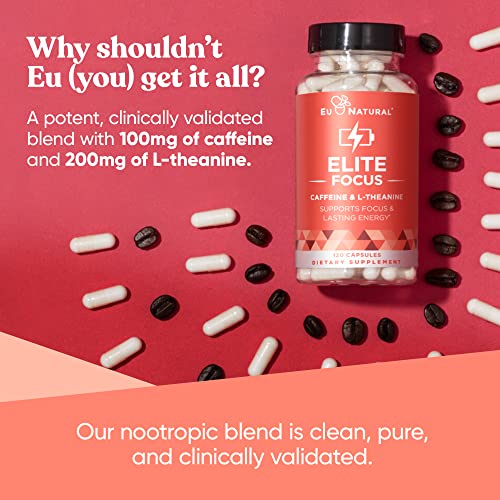 Elite Caffeine with L-Theanine – Jitter-Free Focused Energy Pills – Natural Nootropic Stack for Smart Cognitive Performance – 120 Soft Capsules