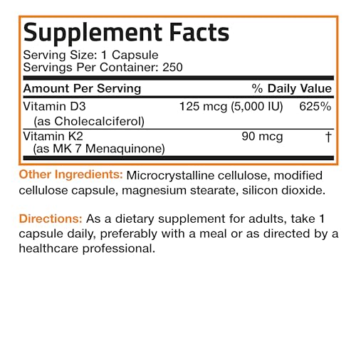 Vitamin K2 (MK7) with D3 Supplement Bone and Heart Health Non-GMO Formula 5000 IU Vitamin D3 & 90 mcg Vitamin K2 MK-7 Easy to Swallow Vitamin D & K Complex, 250 Capsules