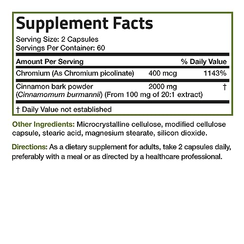 Bronson Cinnamon 2000 MG per Serving Plus Chromium Supports Sugar Metabolism, High Potency Chromium, Non-GMO, 120 Vegetarian Capsules