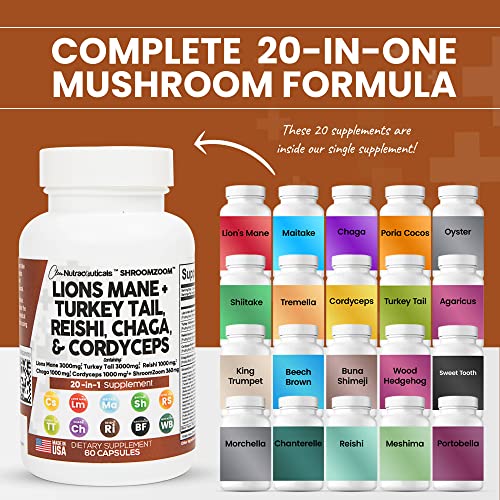 Lions Mane 3000mg 20in1 Mushroom Supplement with Turkey Tail 2000mg Reishi 1000mg Cordyceps Chaga Maitake Meshima Poria Cocos Shiitake Oyster Porcini Enoki Cognitive, Energy, Focus Pills USA