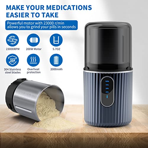 Cordless Electric Pill Crusher Grinder Pulverizer - Grind and Pulverize Multiple Pills, Small and Large Medication and Vitamin Tablets to Fine Powder - Removable Grinding Cup for Easy Cleaning