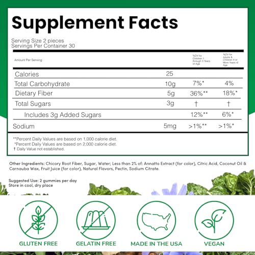 VITAMINA Fiber Gummies - 5g Dietary Fiber Supplement Supports Digestive Health & Regularity - Vegan & Gluten-Free Fiber Gummies for Adults & Kids - 60 Gummies, 2 Month Supply