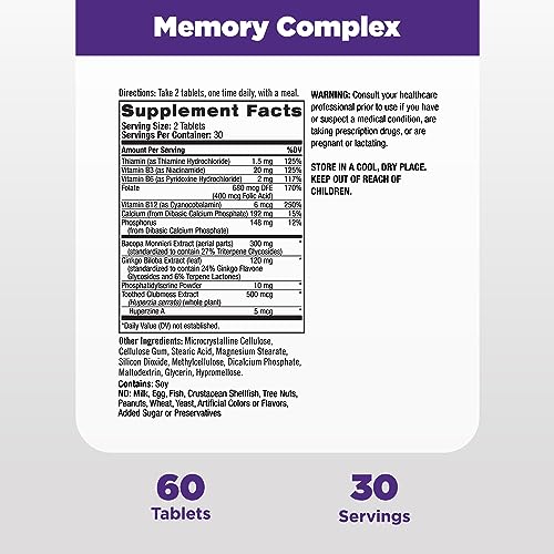 Natrol Memory Complex With Ginkgo Biloba 120mg and B Vitamins, Dietary Supplement for Brain Health and Memory Support, 60 Tablets, 30 Day Supply