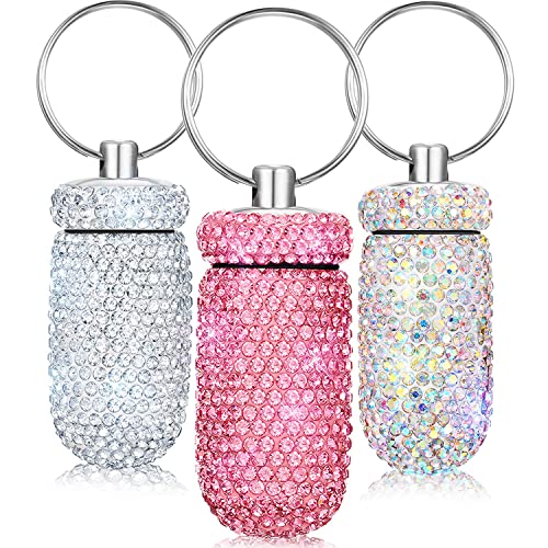 3 Pieces Bling Pill Container Portable Pill Bottle Case Waterproof Travel Pill Holder Storage with Keychain for Outdoor Camping Traveling