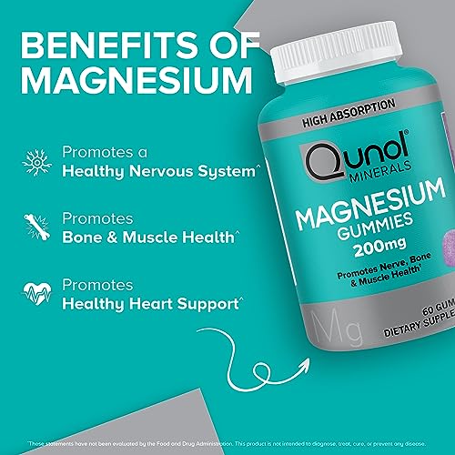 Qunol Magnesium Gummies for Adults, Qunol 200mg Magnesium Citrate Gummies, High Absorption Magnesium Supplement, Supports Nerve Health, Bone Health, Muscle Health, Vegetarian, 60 Count, Pack of 2