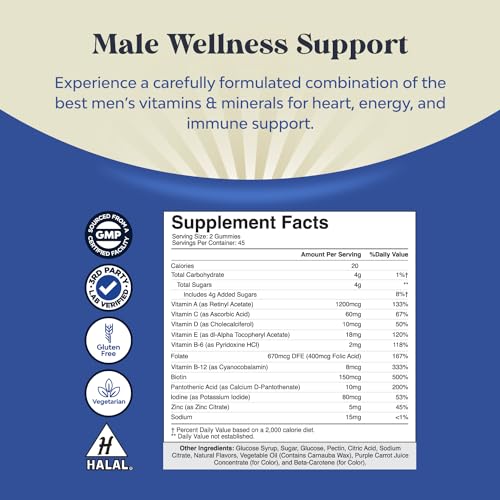 Daily Mens Multivitamins Gummies - Mens Gummy Multivitamins with Zinc and Biotin Immune Support Gummies - Potent Mens Vitamins Gummies for Energy and Immunity - Non-GMO Gluten Free and Halal 90 Count