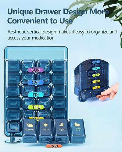 Pill Organizer 4 Times A Day, Pill Box 7 Day, Acedada Large Weekly Pill Organizer with 7 Stackable Daily Pill Case, Portable Travel Pill Container Medicine Organizer Holder for Vitamin Fish Oil, Blue