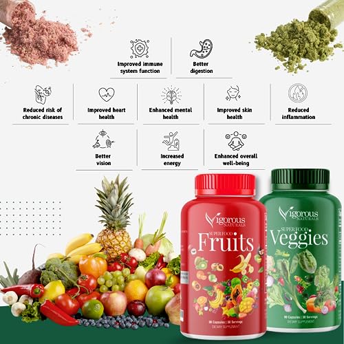 Vigorous Naturals Fruits and Veggies Supplement - Whole Produce Fruit and Vegetable Supplement Dietary Superfood Vitamins for Men, Women - Fruit and Veggie Supplements with 90 Capsules, (2 pack)