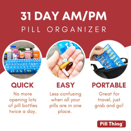 Twice-a-Day Monthly Pill Box Planner Set - AM & PM Medication Organizer for 31 Days! Set Contains 2 Organizers for One Month. (Blue - 31 Day AM/PM -1 Pack)