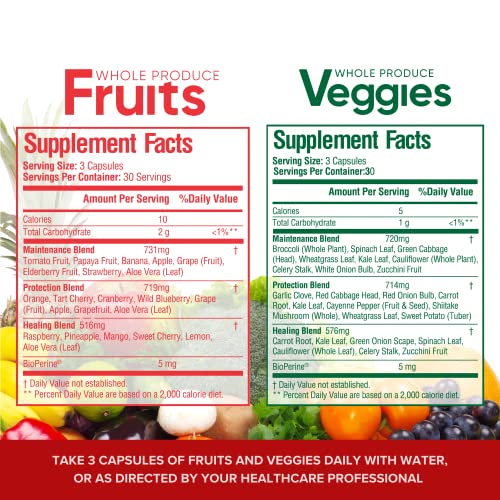 Vigorous Naturals Fruits and Veggies Supplement - Whole Produce Fruit and Vegetable Supplement Dietary Superfood Vitamins for Men, Women - Fruit and Veggie Supplements with 90 Capsules, (2 pack)