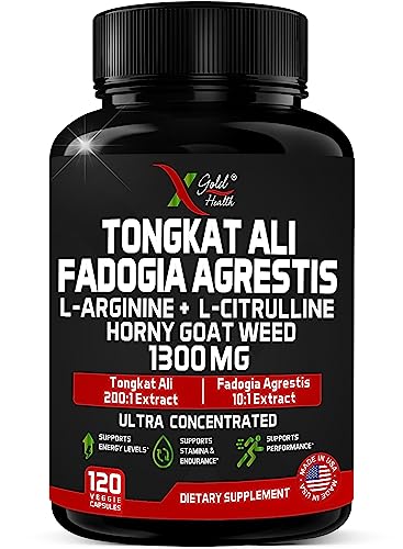 Tongkat Ali, Fadogia Agrestis, L-Arginine, L-Citrulline & Horny Goat Weed Supplement: 1300mg Ultra Concentrated Complex for Boosted Energy & Stamina - Herbal Performance Supplements - 120 Capsules