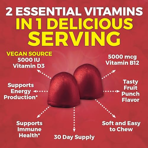 Vegan Vitamin B12 Gummies for Adults 5000mcg with Vitamin D3 5000 IU, 60 Count - Gluten-Free Vitamin D and Methyl B12 Chewable Vitamin B12 Gummy Supplement for Energy, Bone Health