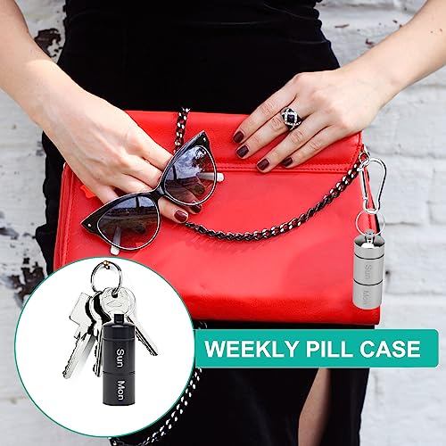 Small Portable Pill Case Keychain for Travel, AngleKai 2 Pack Pill Organizer Aluminium Alloy Small Pill Box Waterproof Pill Container Medicine Bottle Organizer Weekly (Black and Silver)