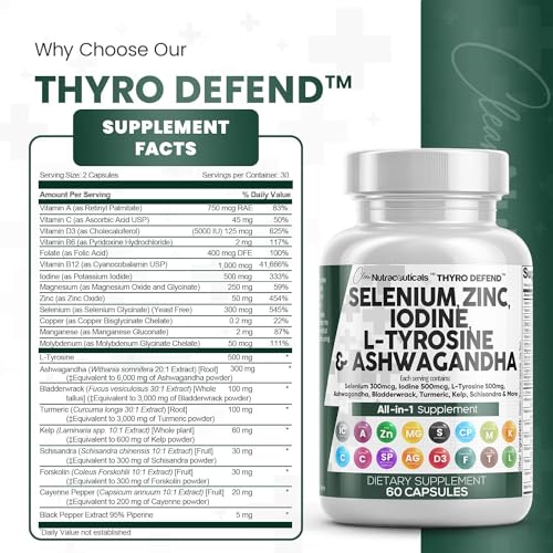 Selenium 300mcg Zinc 50mg Iodine 500mcg L Tyrosine 500mg Ashwagandha 6000mg - Thyroid Support Supplement for Women and Men with Bladderwrack, Turmeric, Kelp, Schisandra - 60 Capsules