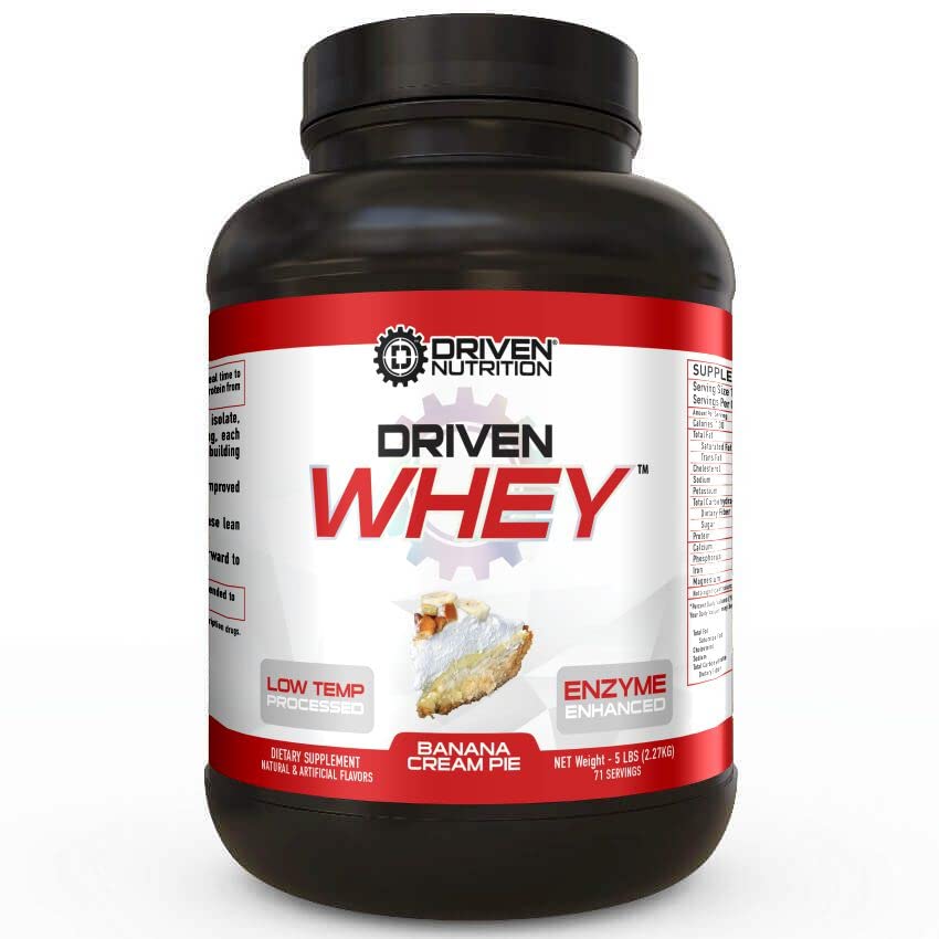 Driven WHEY- Grass Fed Whey Protein Powder: Delicious, Clean Protein Shake- Improve Muscle Recovery with 23 Grams of Protein with Added BCAA and Digestive Enzymes (Banana Pie, 5 lb)