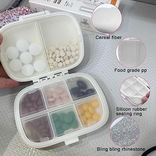 Owemtao Bling Pill Case for Purse Medicine Vitamin Container Holder Pocket Pill Case Round Medicine Organizer for Vitamin/Fish Oils/Supplement Travel Medicine Kit (8 Compartment Silver)