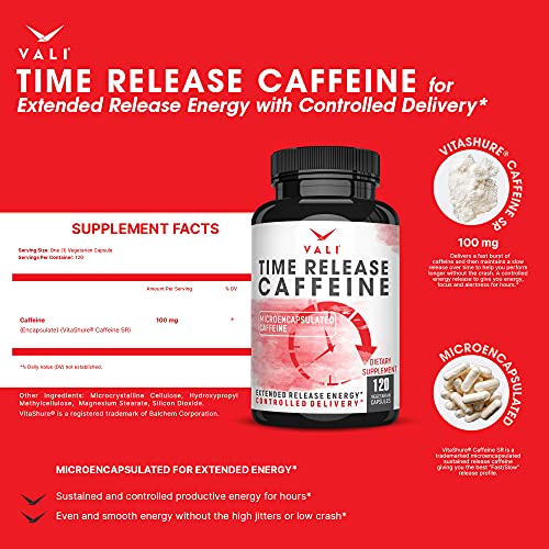 VALI Time Release Caffeine 100mg Pills - Smart Slow Release for Extended Energy & Focus. Advanced Nootropic Supplement. Brain Booster for Active Performance, Alertness & Clarity. 120 Veggie Capsules