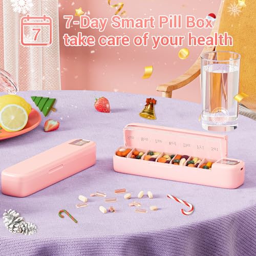 Daviky Smart Pill Organizer with Alarm, Bluetooth Daily Once a Day Pill Box 7 Day with APP, Weekly Travel Pill Case, Portable Pill Reminder for Medicines, Supplements and Vitamins (Pink)