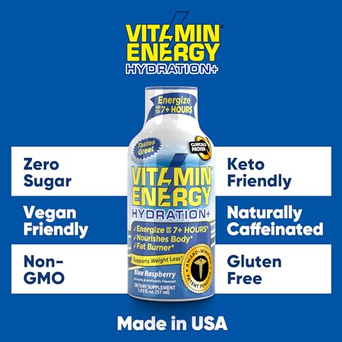 Vitamin Energy Hydration+ Energy Drink Shots, Blue Raspberry Flavor, Up to 7+ Hours of Energy, 1.93 Fl Oz, 48 Count