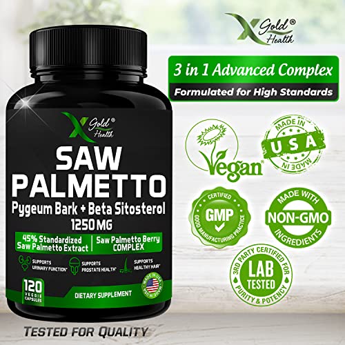 X Gold Health Saw Palmetto Prostate Supplement for Men | Pygeum Bark | Beta Sitosterol Supplement | Potent 3X Formula | Urinary Function Prostate | DHT Blocker Hair Growth | 4 Month Supply Male Pills