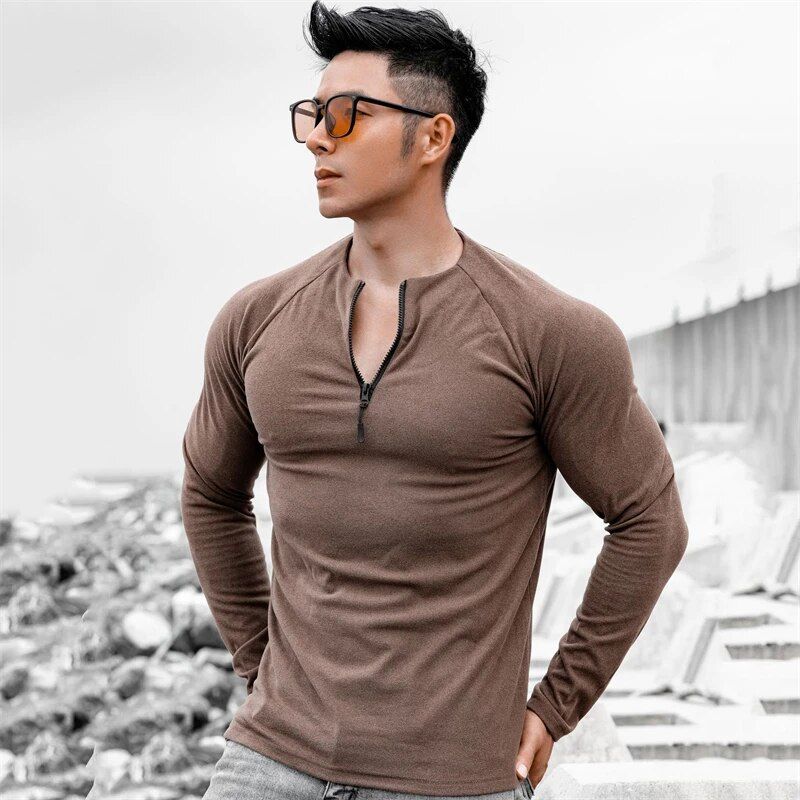 Men's Long Sleeve Slim Fit Sports T-Shirt with Zipper Neckline