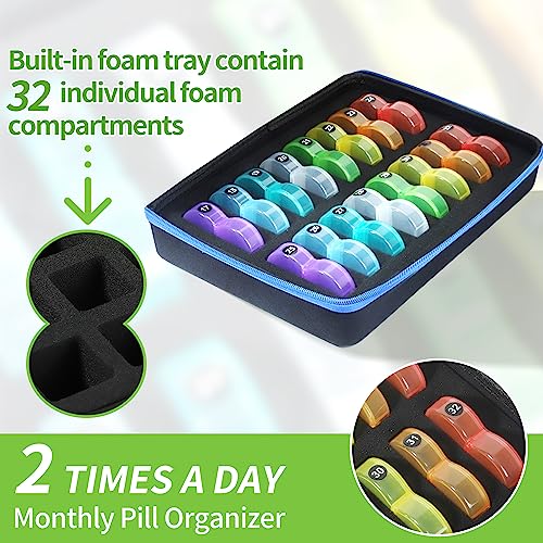 Monthly Pill Organizer Box 2 Times a Day, Monthly Pill Box AM PM with 32 Daily Pocket Case, Traval Pill Box with Portable Hard Case, Extra Large Medicine Box Holds Vitamin, Cod Liver Oil & Supplement