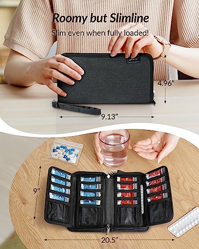 ZIKEE Slim Folding Pill Organizer Bag with 20 Writable BPA-Free Pill Pouches, Travel 22 Slot Pill Box Bag with a Zipper Design for Safely Storing Vitamins, Medications, Prescriptions, Fish Oil