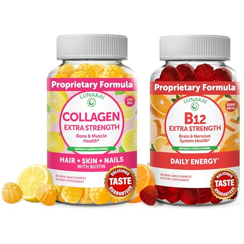 Collagen and Vitamin B12 Gummies Bundle - Non-GMO, Gluten Free, No Corn Syrup, All Natural Supplements - 60 ct Collagen Gummies and 60 ct Vitamin B12 Gummies - 30 Days Supply