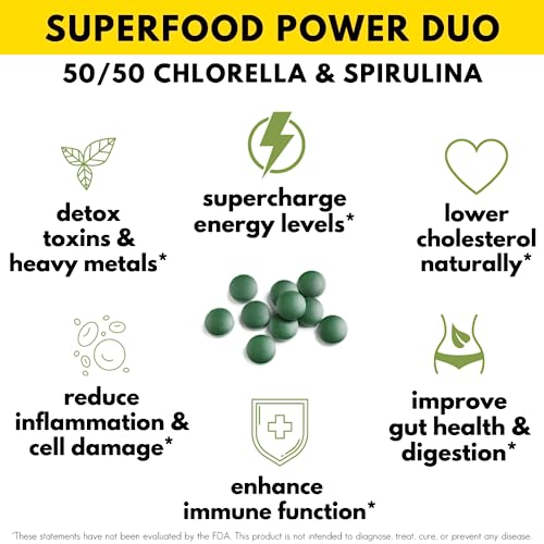 Sunlit Best Organic Burst Chlorella Spirulina Tablets - Pure Superfood Supplement for Heavy Metal Detox Cleanse with Blue Green Algae, Chlorophyll & Vegan Protein, Spirulina Chlorella Pills 1000 Tabs