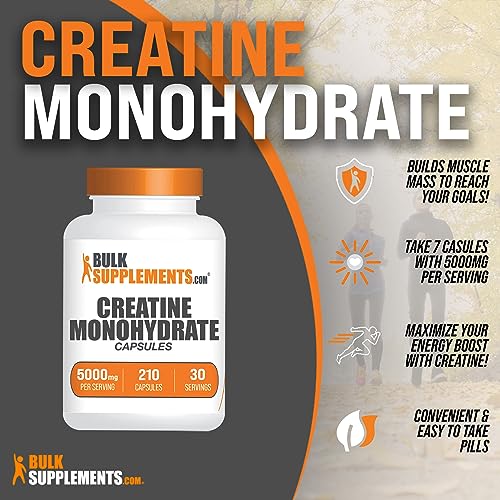 BULKSUPPLEMENTS.COM Creatine Monohydrate Capsules - Micronized Creatine Monohydrate, Vegan Creatine, Creatine Pills - 7 Creatine Capsules per Serving, 5000mg, Gluten Free, 210 Capsules