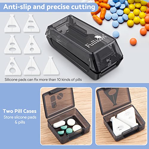 Fullicon Pill Cutter for Small or Large Pills, Pill Splitter with V-Shape Holder, Medicine Slicer with Sharp Blade,Tablet Splitter with Two Large Pill Organizers-Black