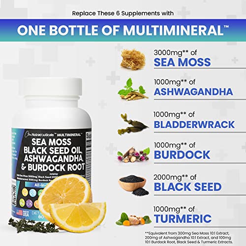 Sea Moss 3000mg Black Seed Oil 2000mg Ashwagandha 1000mg Turmeric 1000mg Bladderwrack 1000mg Burdock 1000mg & Vitamin C Vitamin D3 with Elderberry Manuka Dandelion Yellow Dock Iodine Chlorophyll ACV